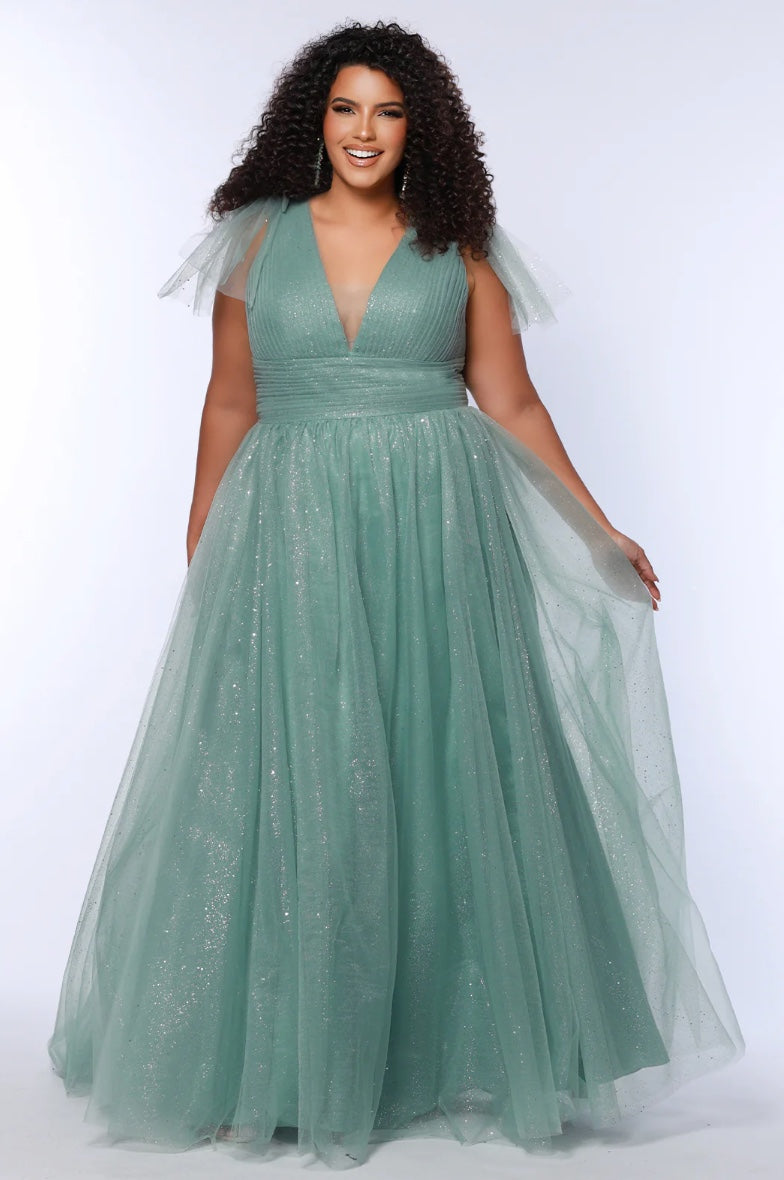 CURVY SUGAR COOKIE GLITTER TULLE DETACHABLE BOWS BALL GOWN WITH POCKETS SYDNEY'S CLOSET SC7417