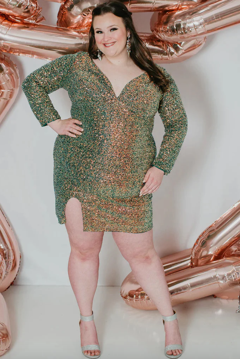 SEQUIN SPARKLE V-NECK SIDE SLIT + SLEEVES COCKTAIL FITTED SHORT FORMAL PARTY DRESS SYDNEY'S SC8111 CURVY