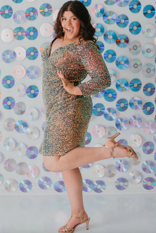 SEQUIN SPARKLE V-NECK SIDE SLIT + SLEEVES COCKTAIL FITTED SHORT FORMAL PARTY DRESS SYDNEY'S SC8111 CURVY
