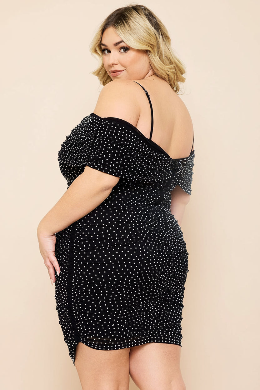OFF THE SHOULDER RHINESTONE RUCHED MINI DRESS CURVY