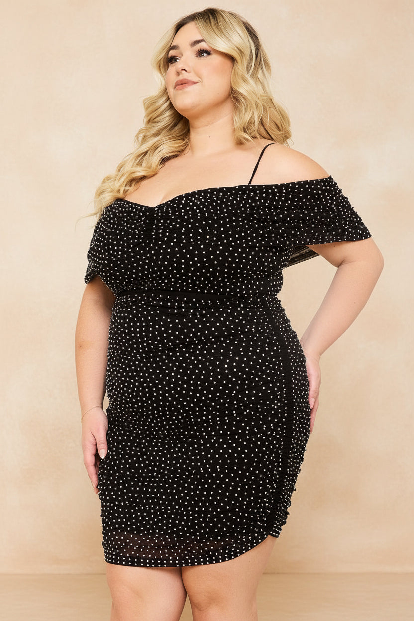 OFF THE SHOULDER RHINESTONE RUCHED MINI DRESS CURVY