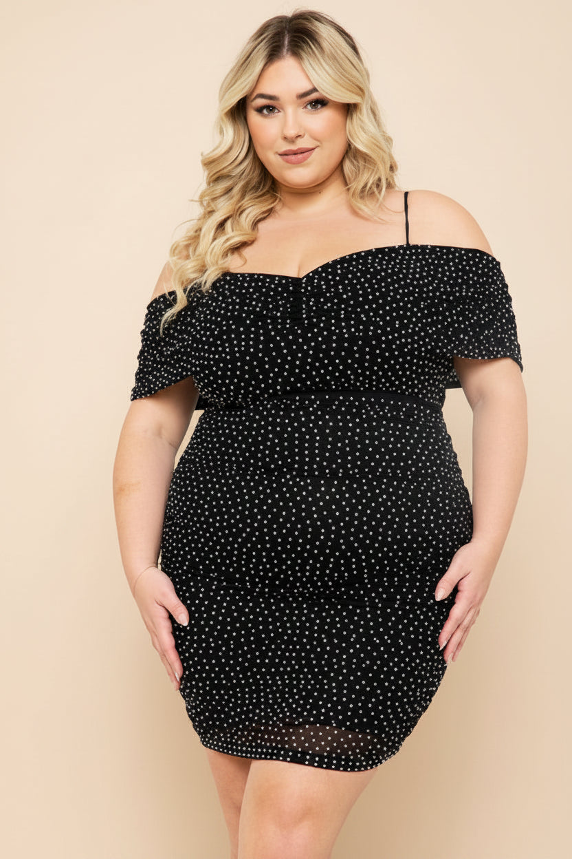 OFF THE SHOULDER RHINESTONE RUCHED MINI DRESS CURVY