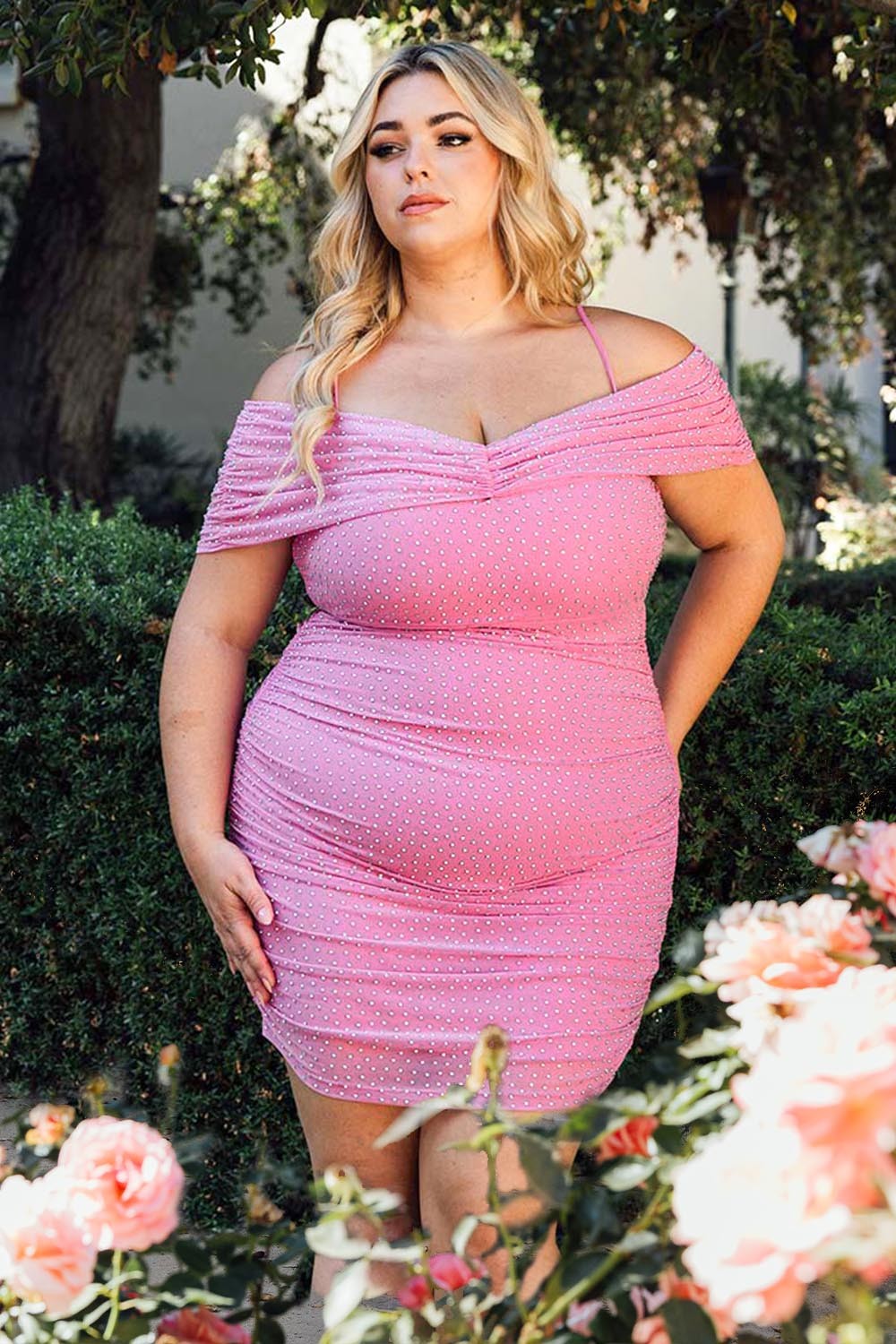 OFF THE SHOULDER RHINESTONE RUCHED MINI DRESS CURVY