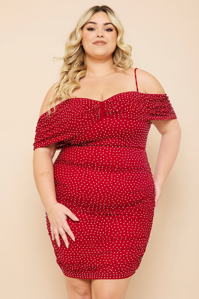 OFF THE SHOULDER RHINESTONE RUCHED MINI DRESS CURVY