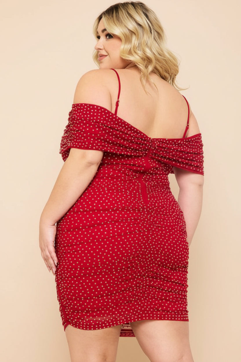 OFF THE SHOULDER RHINESTONE RUCHED MINI DRESS CURVY