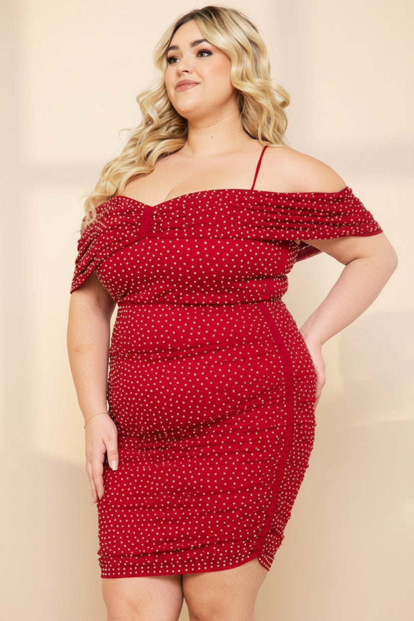 OFF THE SHOULDER RHINESTONE RUCHED MINI DRESS CURVY