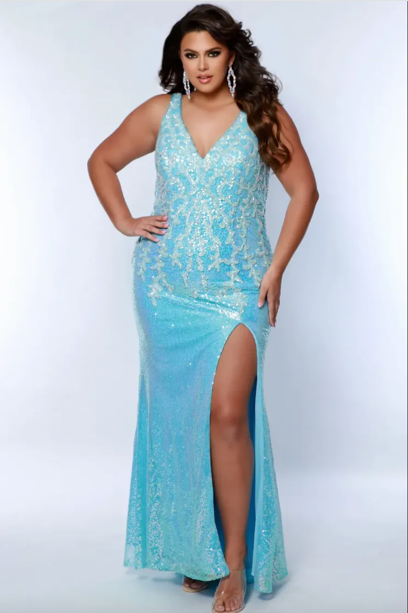 ALLOVER BEADED V-NECK LONG FORMAL GOWN CURVY BY TEASE PROM TE2430