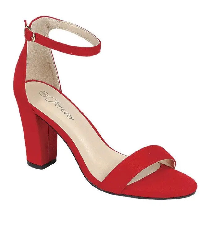 CLASSY HIGH BLOCK HEEL WITH ANKLE STRAP IN RED OR CHAMPAGNE