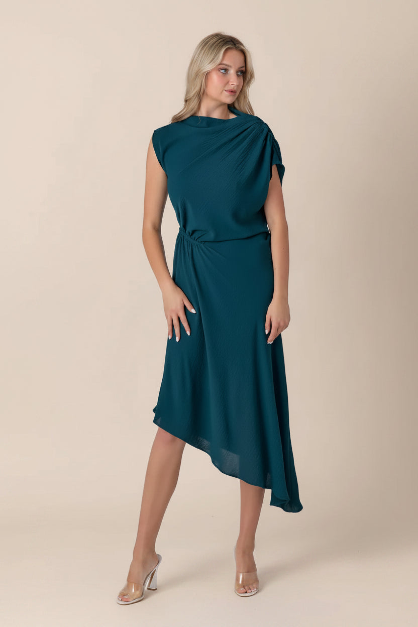 ASYMMETRICAL CINCHED WAIST TEAL MIDI DRESS