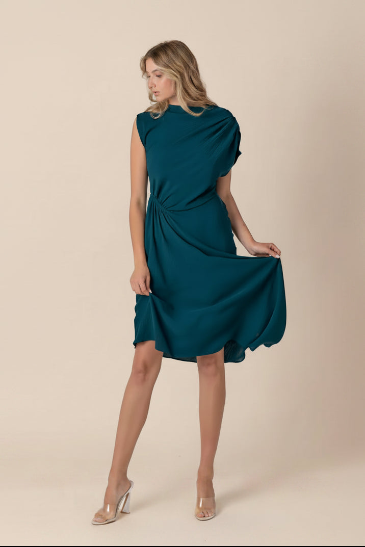 ASYMMETRICAL CINCHED WAIST TEAL MIDI DRESS