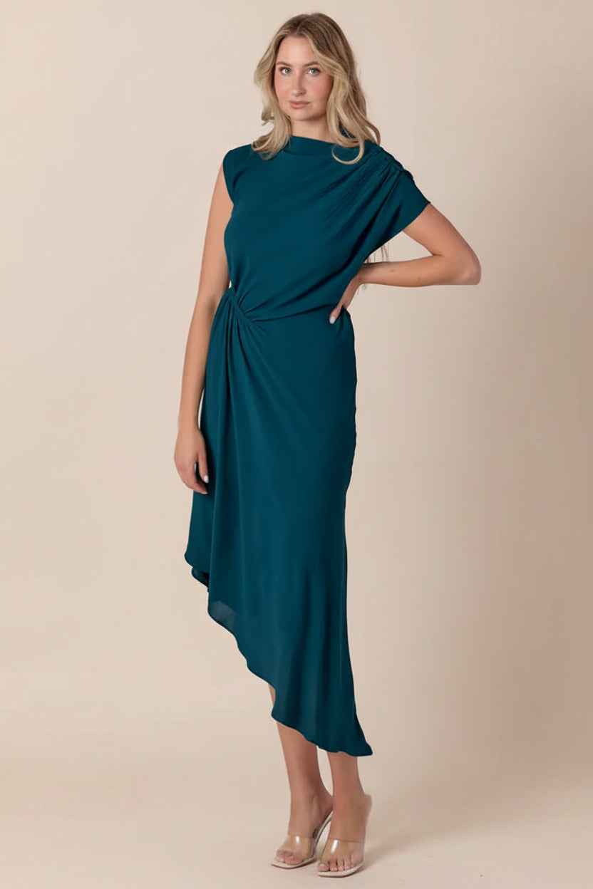 ASYMMETRICAL CINCHED WAIST TEAL MIDI DRESS