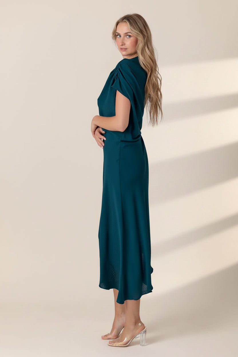 ASYMMETRICAL CINCHED WAIST TEAL MIDI DRESS