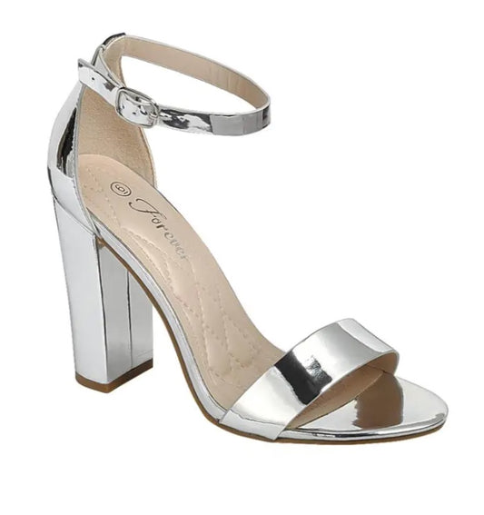 ATTITUDE HIGH BLOCK HEEL WITH ANKLE STRAP IN SILVER OR BLACK