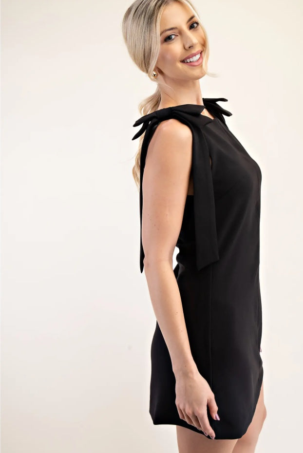 SHOULDER BOW SHIFT SLEEK MINI DRESS