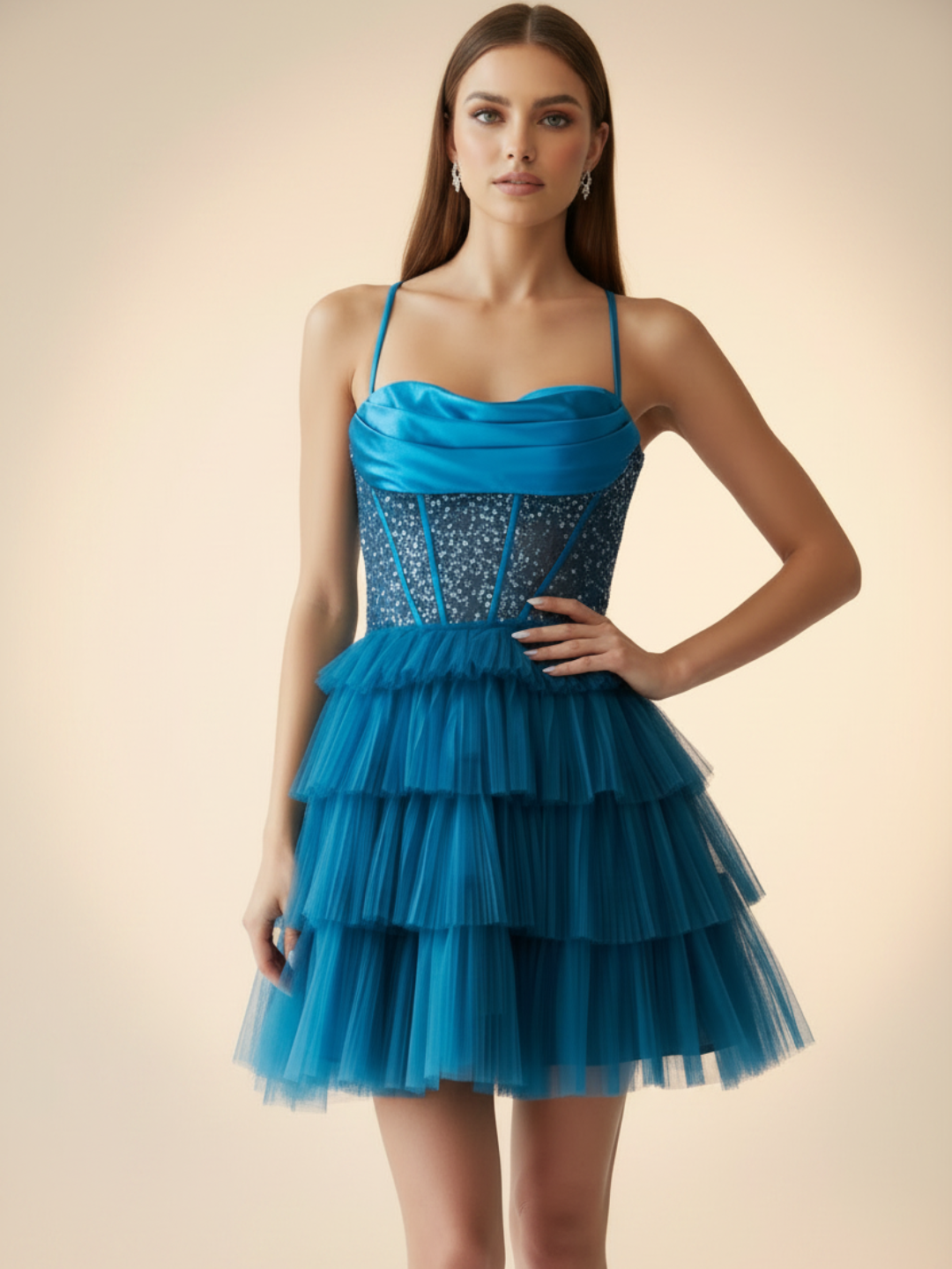 TULLE TIERED SHORT DRESS SEQUIN BEADED CORSET BODICE OPEN LACE-UP BACK